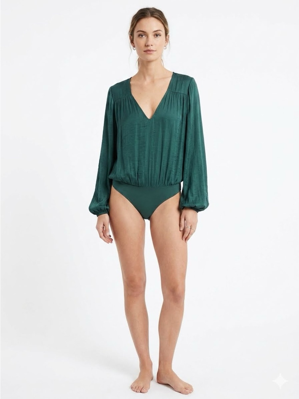 Intimately Free People Deep Green V-Neck Long-Sleeve Bodysuit Top Size S